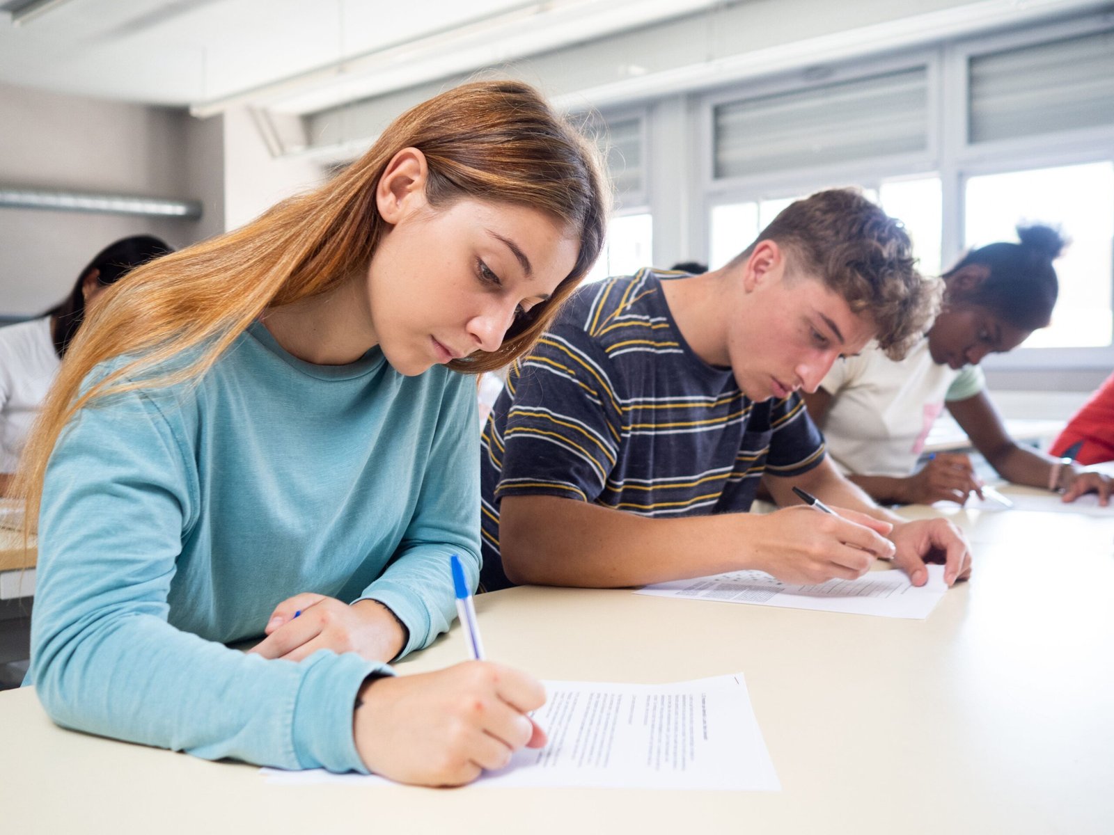 Students studying in a bright classroom